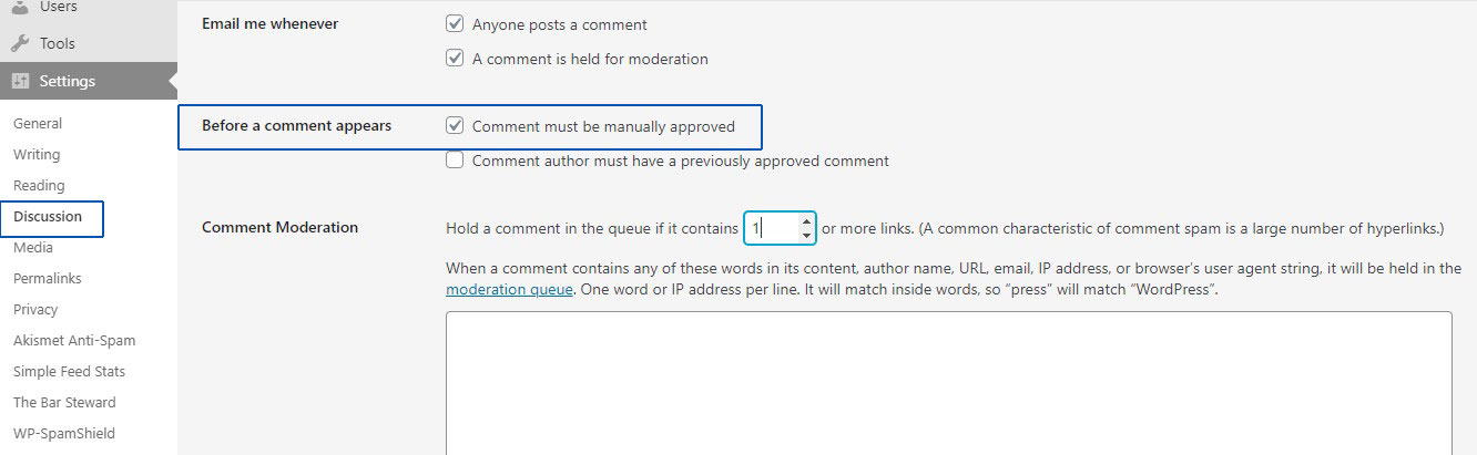 enable moderation for comments in wordpress