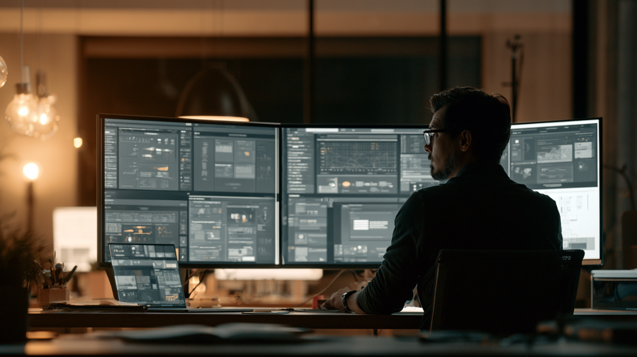 a photo of an experienced independent web designer reviewing a complete website optimization strategy on multiple computer screens
