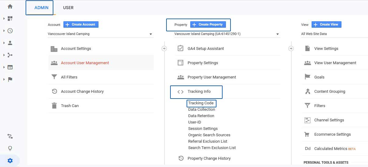 google analytics admin properties link