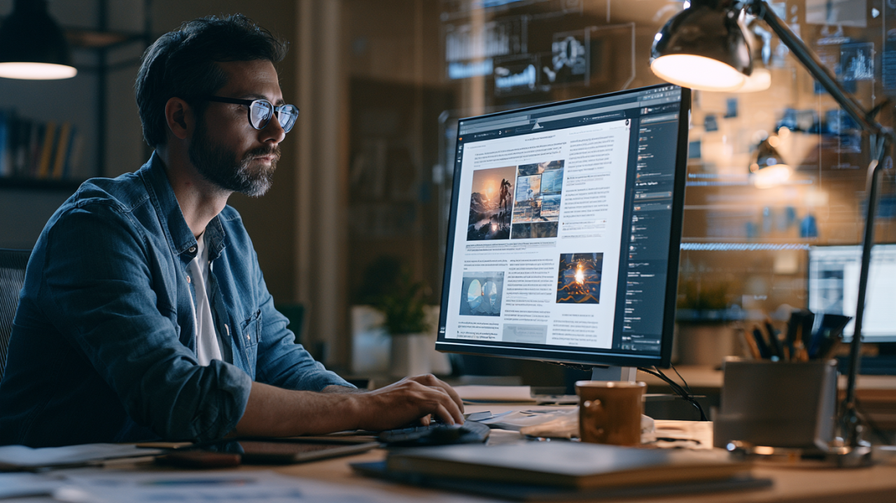 A professional web designer creating original high-quality website content at a modern desktop workstation