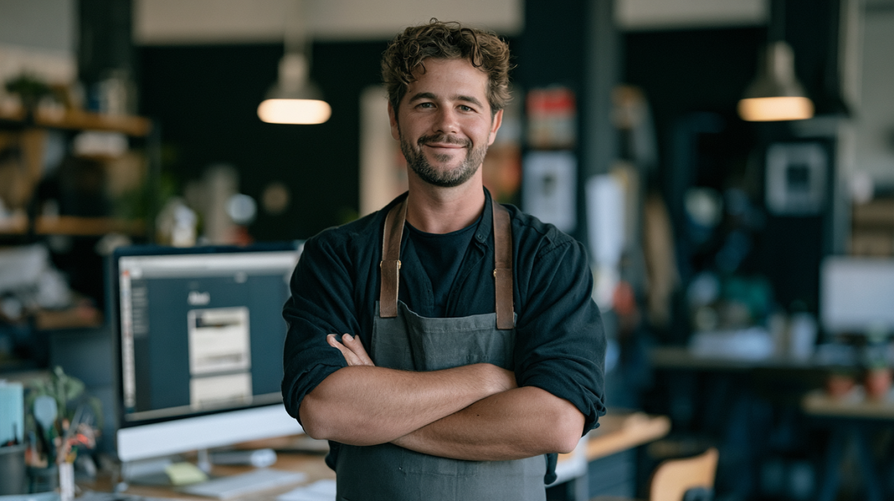 photo of a trustworthy small business owner and web professional beside a computer displaying a professional website